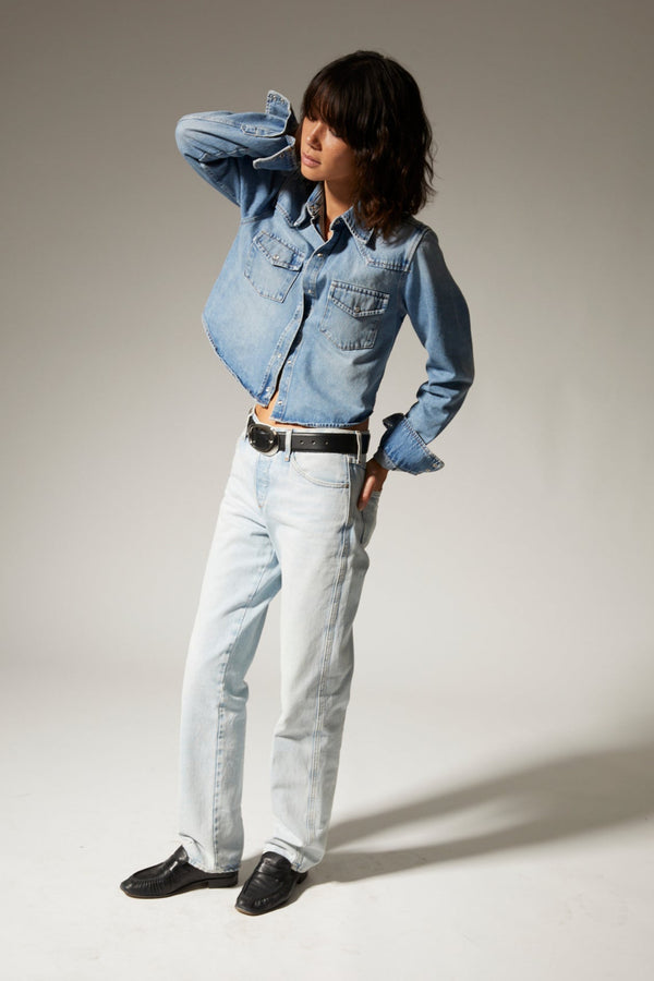 Sprwmn Paradis Denim Cropped Western Button Down Paradis