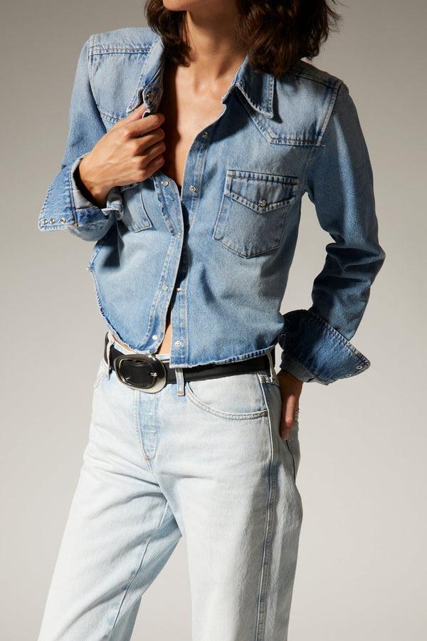 sprwmn Paradis Denim Cropped Western Button Down Paradis