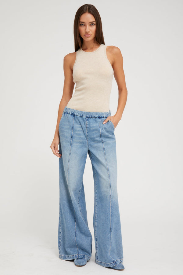 sprwmn Paradis Denim Wide Leg Pintuck Pants Paradis