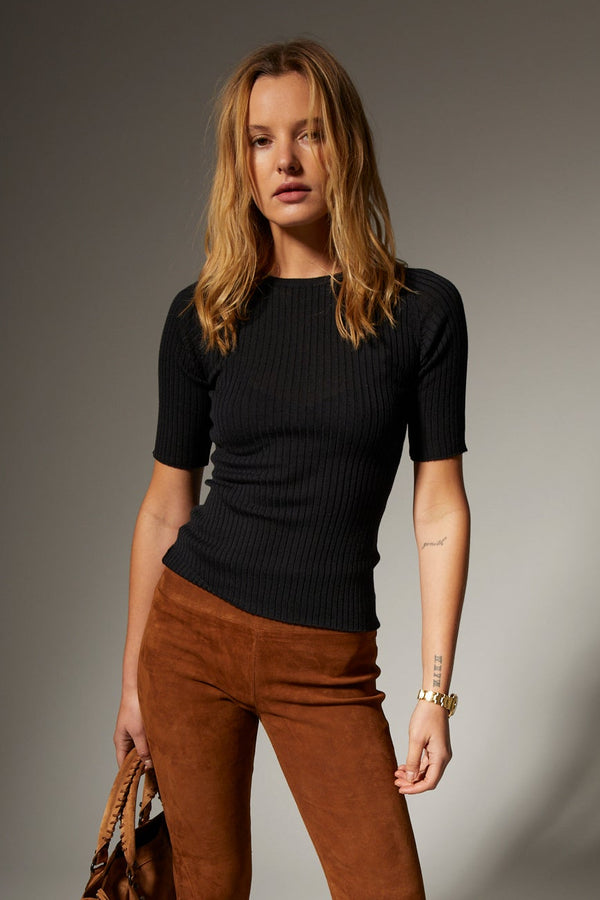 sprwmn Black Cashmere Mid Sleeve Crewneck Black