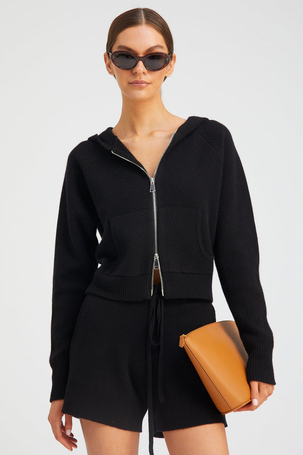 sprwmn Black Cashmere Shrunken Zip Up Hoodie BLACK