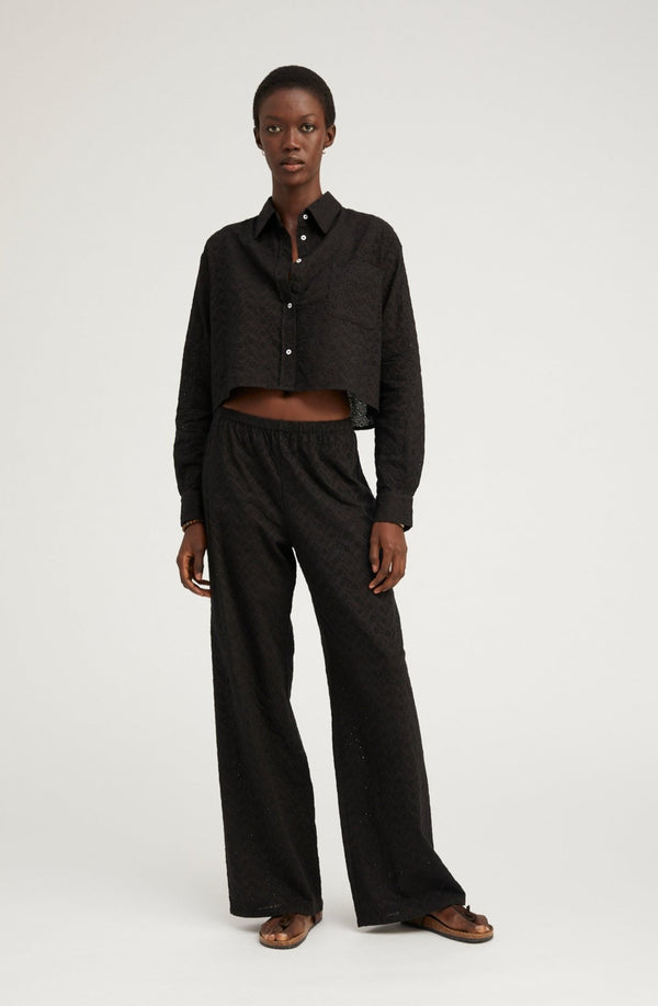 Sprwmn Black Eyelet Cropped Button Down Black