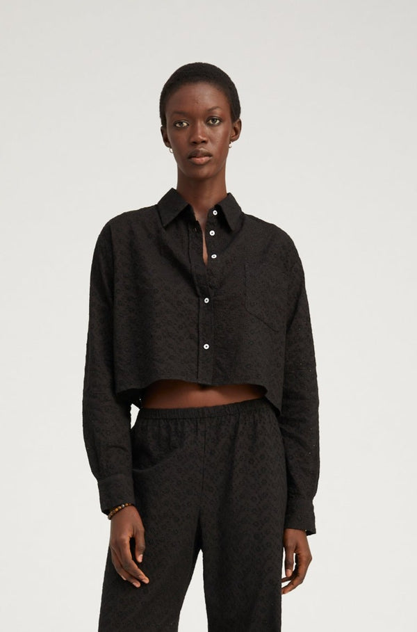 sprwmn Black Eyelet Cropped Button Down Black