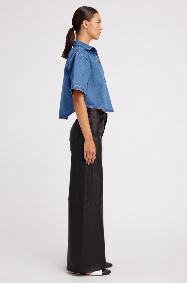 Sprwmn Black Leather 5 Pocket Wide Leg Black