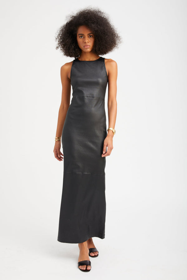Sprwmn Black Leather Audrey Maxi Dress BLACK