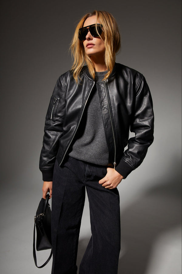 sprwmn Black Leather Classic Bomber Black