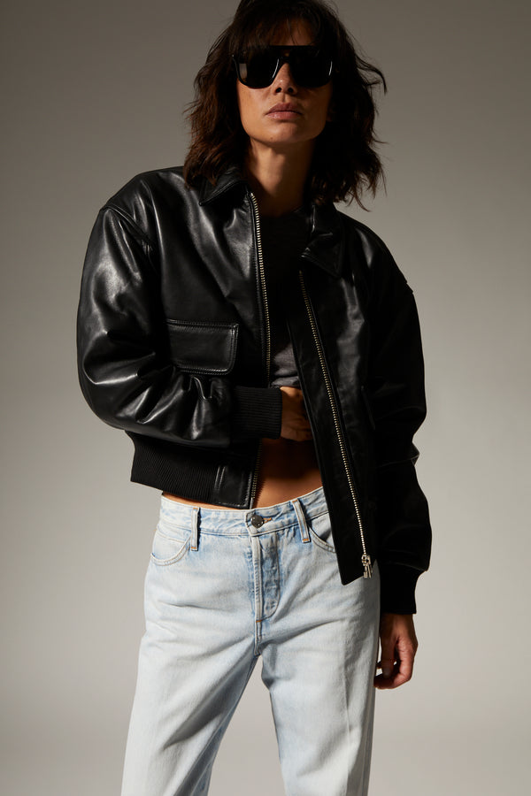 Sprwmn Black Leather Cropped Aviator Bomber Black