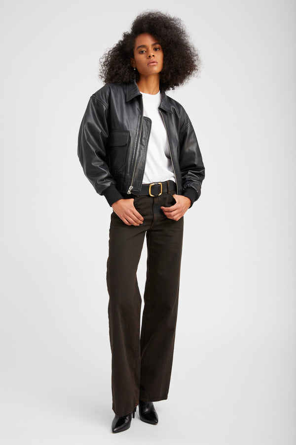 Sprwmn Black Leather Cropped Aviator Bomber Black