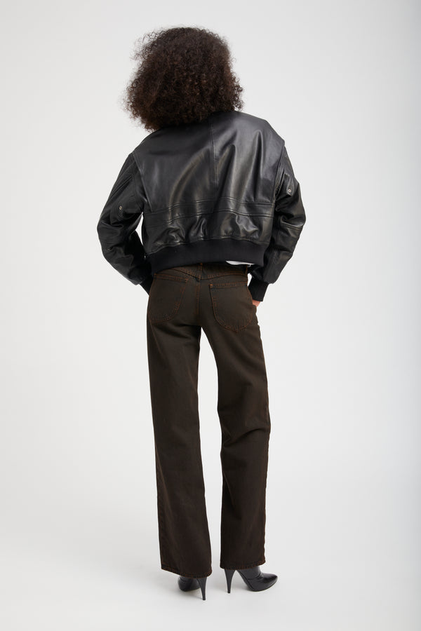 Sprwmn Black Leather Cropped Aviator Bomber Black