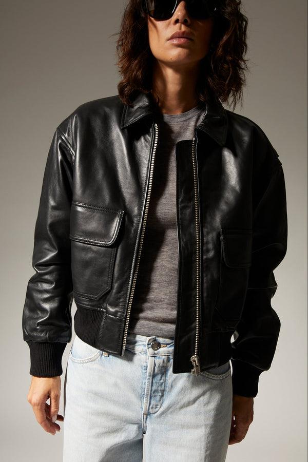 sprwmn Black Leather Cropped Aviator Bomber Black
