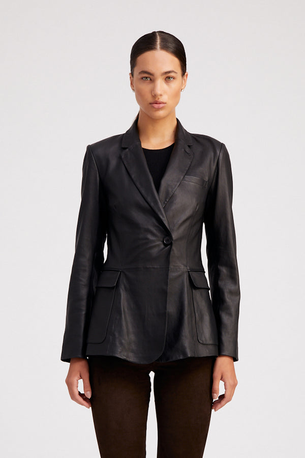 Sprwmn Black Leather Fitted Blazer Black
