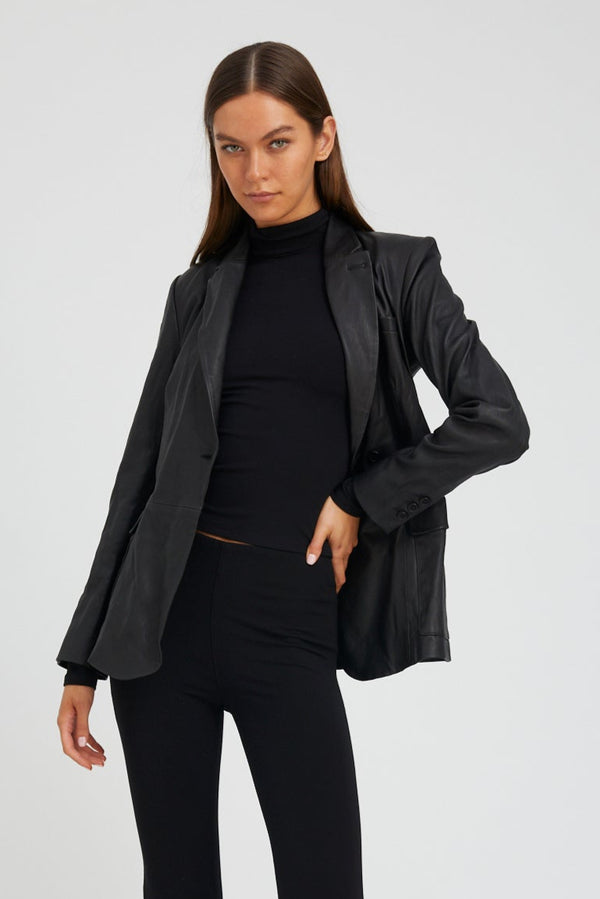 sprwmn Black Leather Fitted Blazer Black