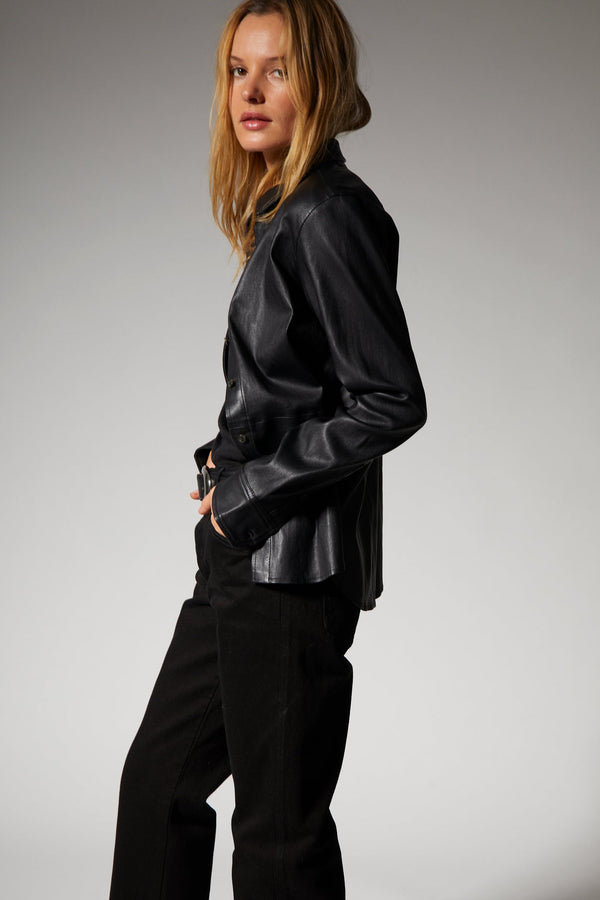 Sprwmn Black Leather Fonda Button Down BLACK