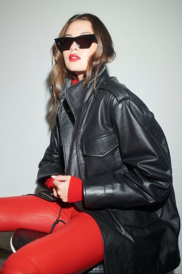 sprwmn Black Leather Military Jacket BLACK