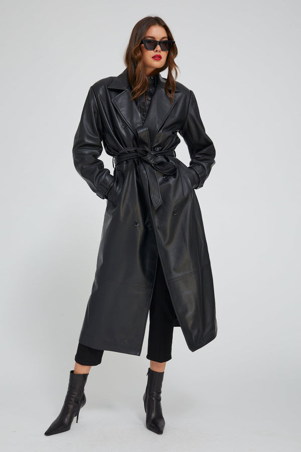 sprwmn Black Leather Oversized Trench BLACK
