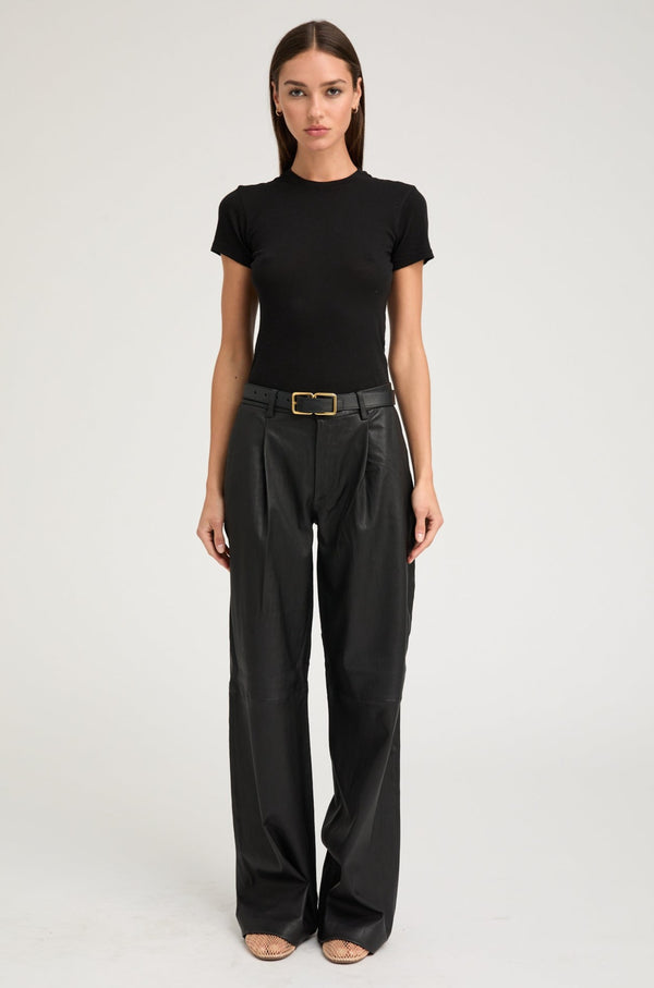 sprwmn Black Leather Pleated Trousers Black