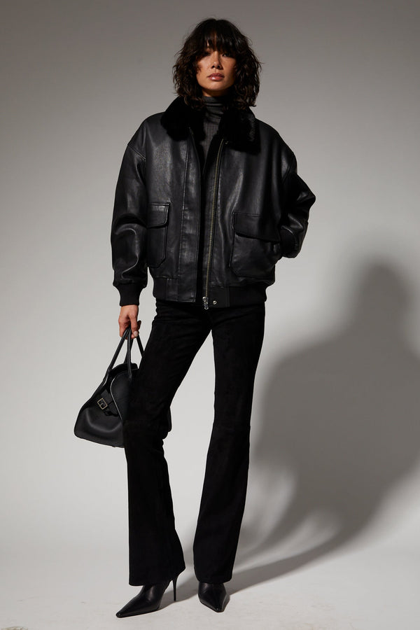 Sprwmn Black Leather Vintage Aviator Jacket BLACK