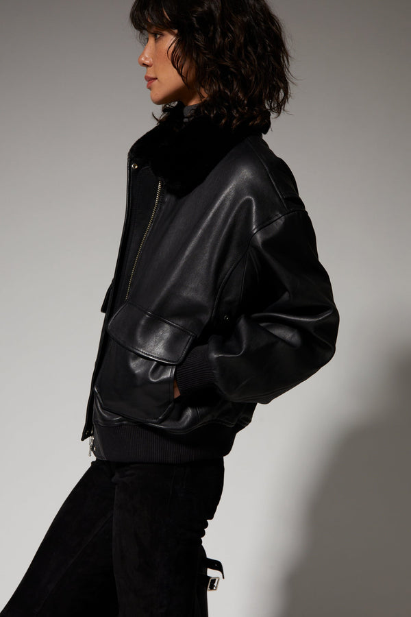 Sprwmn Black Leather Vintage Aviator Jacket BLACK