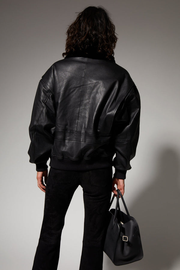 Sprwmn Black Leather Vintage Aviator Jacket BLACK