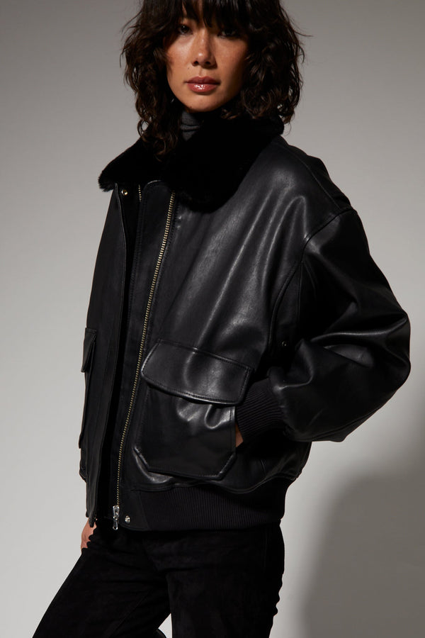 sprwmn Black Leather Vintage Aviator Jacket BLACK