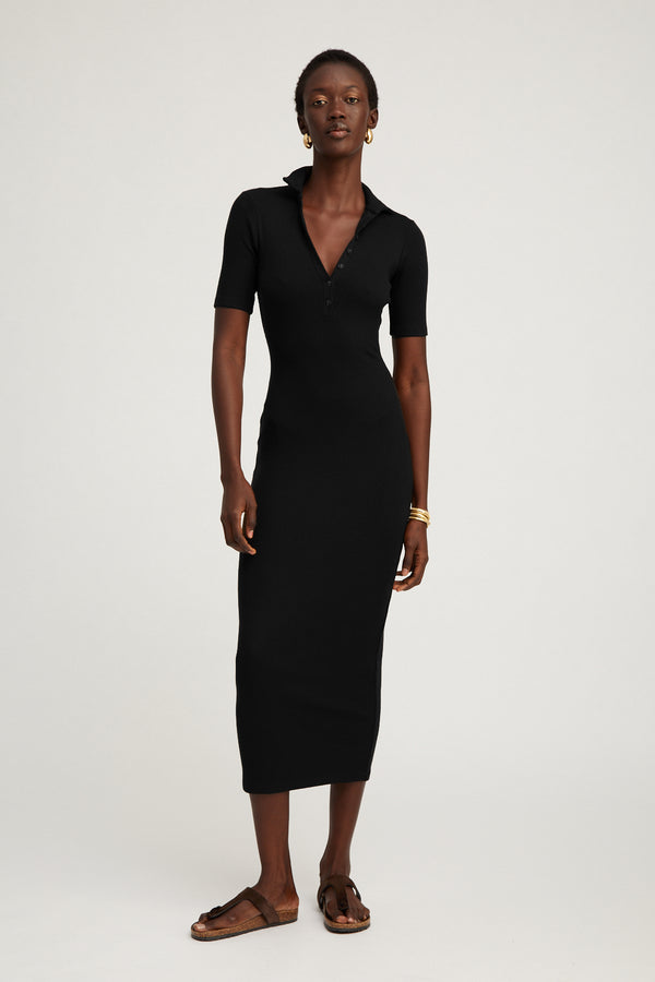 sprwmn Black Rib Polo Maxi Dress Black