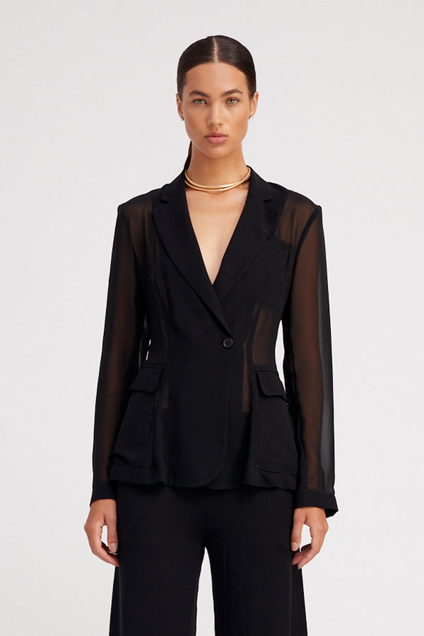 sprwmn Black Silk Chiffon Fitted Blazer Black