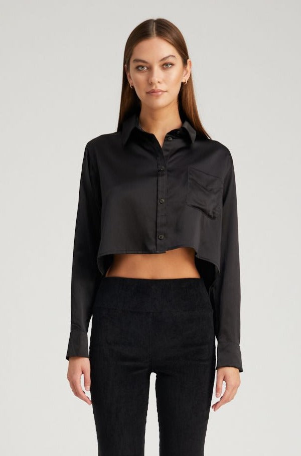 sprwmn Black Silk Cropped Button Down Black