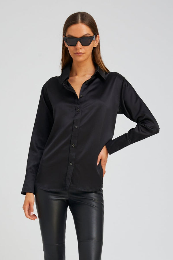 sprwmn Black Silk Slim Button Down Black