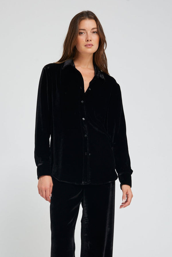 sprwmn Black Velvet Silk Elise Button Down BLACK