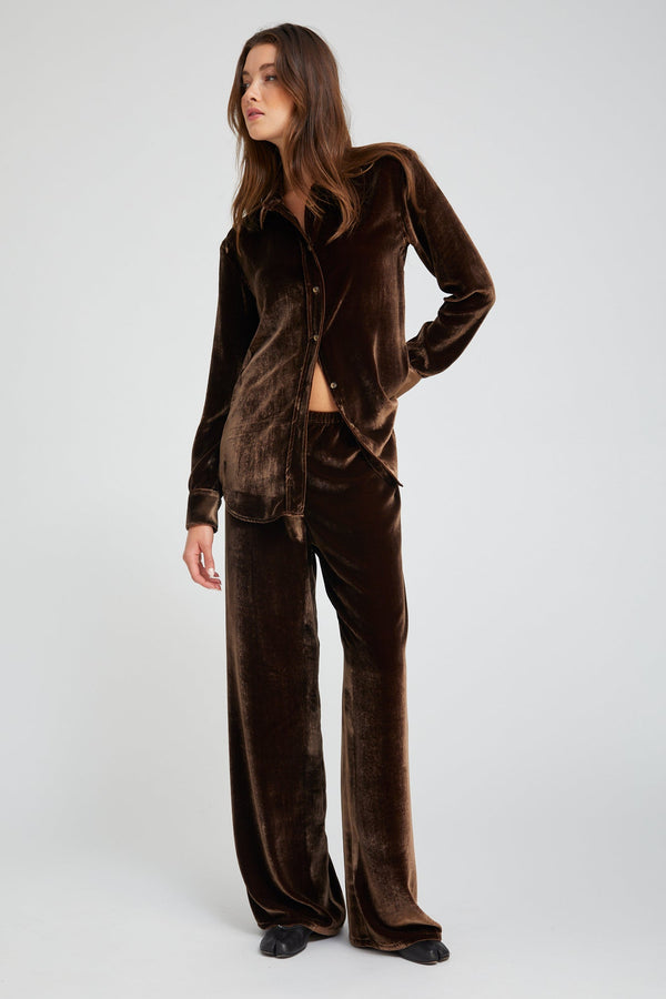 sprwmn Brown Silk Velvet Wide Leg Pants BROWN