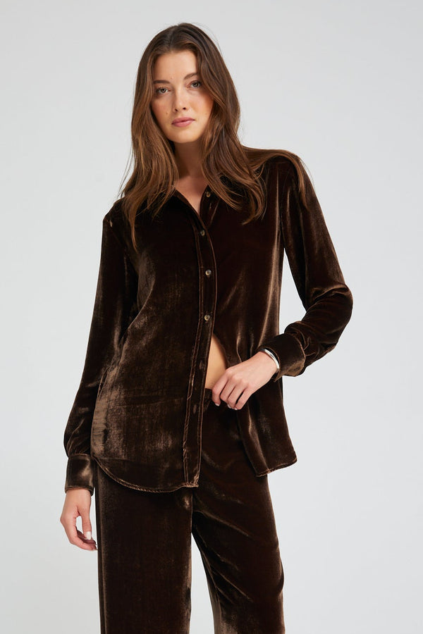 sprwmn Brown Velvet Silk Elise Button Down BROWN
