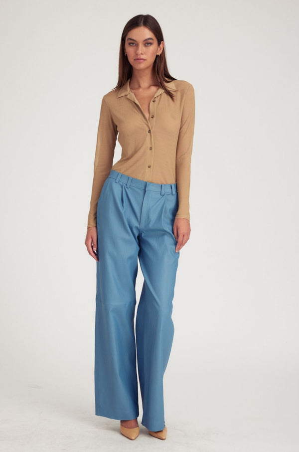 Sprwmn Chambray Blue Leather Pleated Trousers Blue
