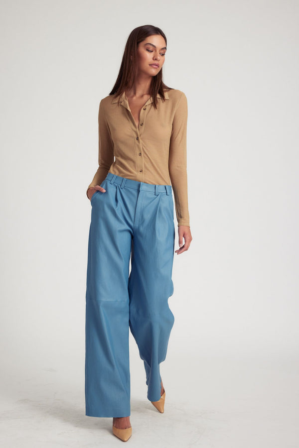Sprwmn Chambray Blue Leather Pleated Trousers Blue