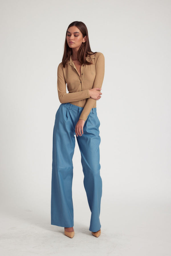 Sprwmn Chambray Blue Leather Pleated Trousers Blue