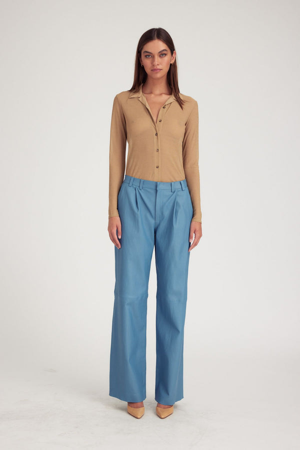 sprwmn Chambray Blue Leather Pleated Trousers Blue