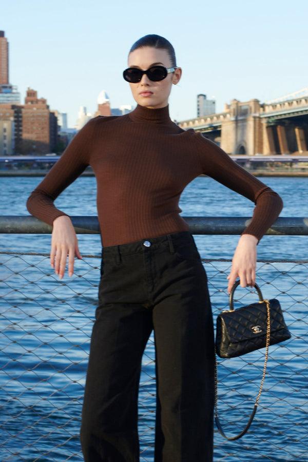 sprwmn Chocolate Cashmere Mock Neck Chocolate