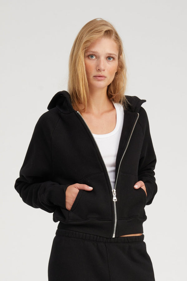 sprwmn Cotton Shrunken Zip Up Hoodie Black
