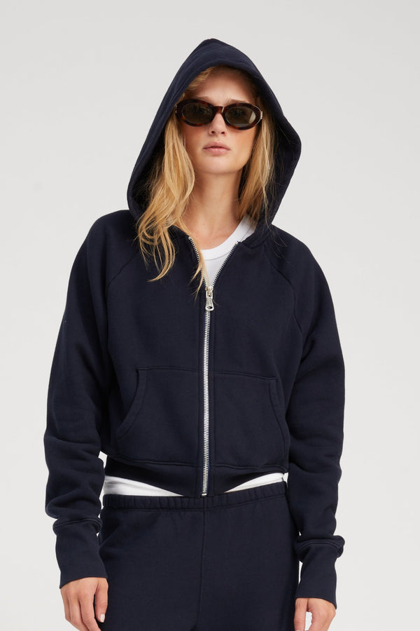 sprwmn Cotton Shrunken Zip Up Hoodie Navy