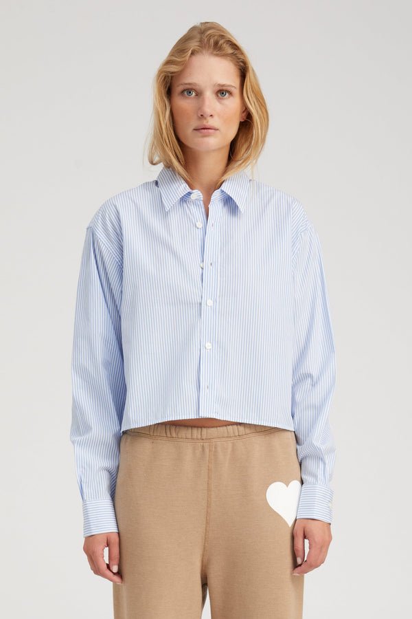 sprwmn Cropped Button Down Baby Blue Striped