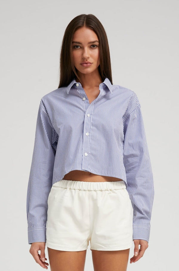 sprwmn Cropped Button Down Blue Striped