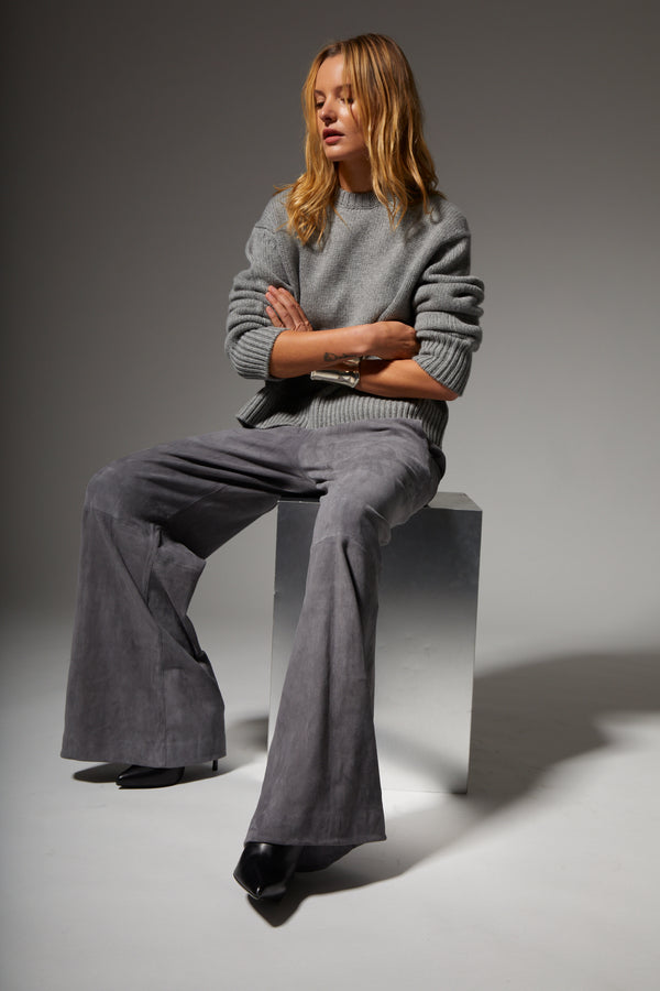 sprwmn Grey Suede Wide Leg Trousers CASTLE GREY