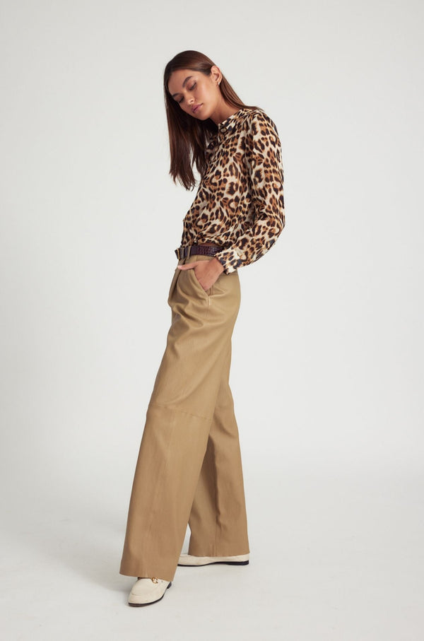 Sprwmn Khaki Leather Pleated Trousers Khaki