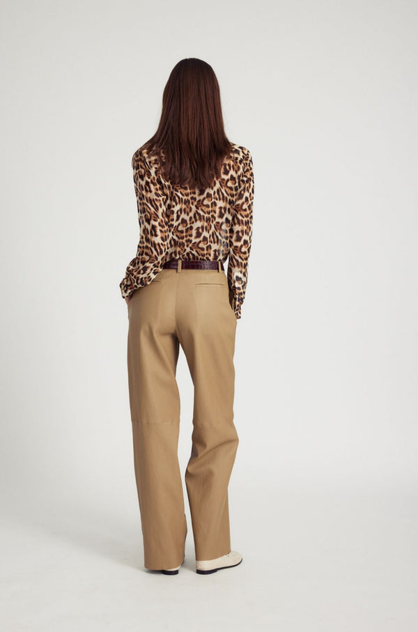 Sprwmn Khaki Leather Pleated Trousers Khaki