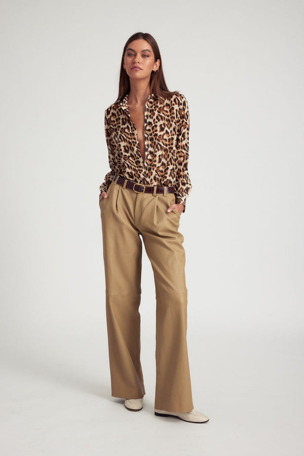 sprwmn Khaki Leather Pleated Trousers Khaki
