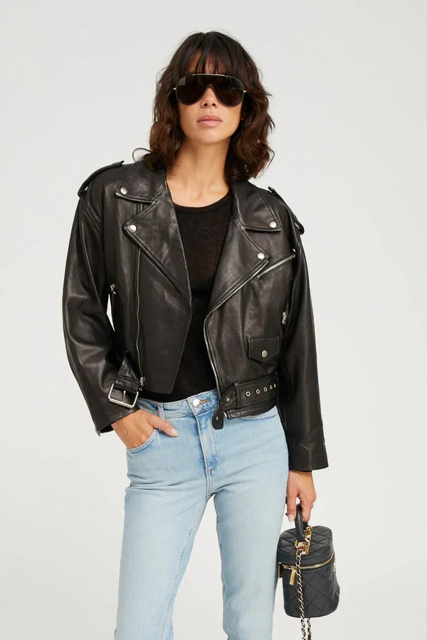 Sprwmn Leather Eyelet Lace-Up Moto Jacket Black