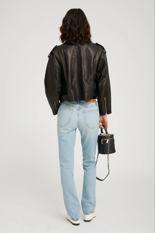 Sprwmn Leather Eyelet Lace-Up Moto Jacket Black