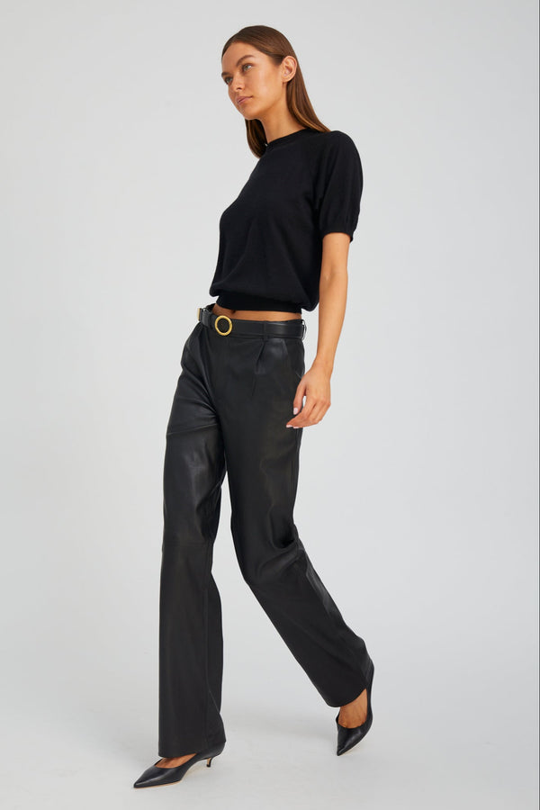 Sprwmn Leather Straight Leg Pleated Trousers Black