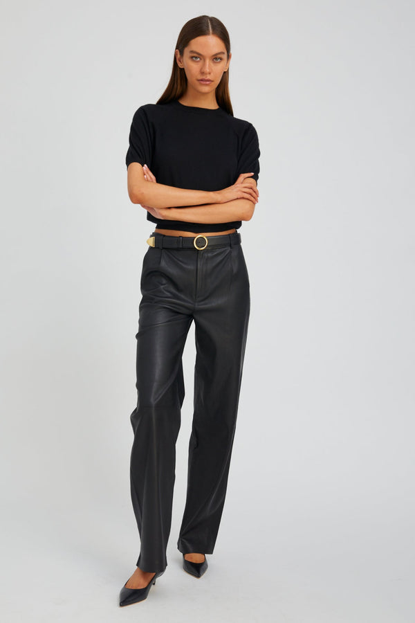 Sprwmn Leather Straight Leg Pleated Trousers Black