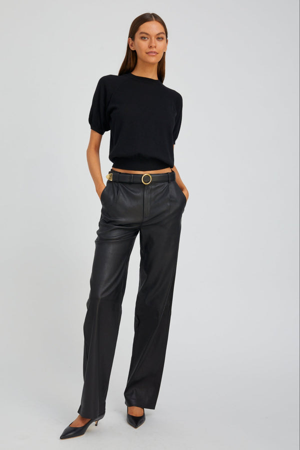 sprwmn Leather Straight Leg Pleated Trousers Black