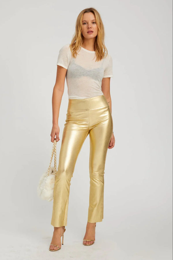 sprwmn Metallic Gold Leather Crop Flare Gold
